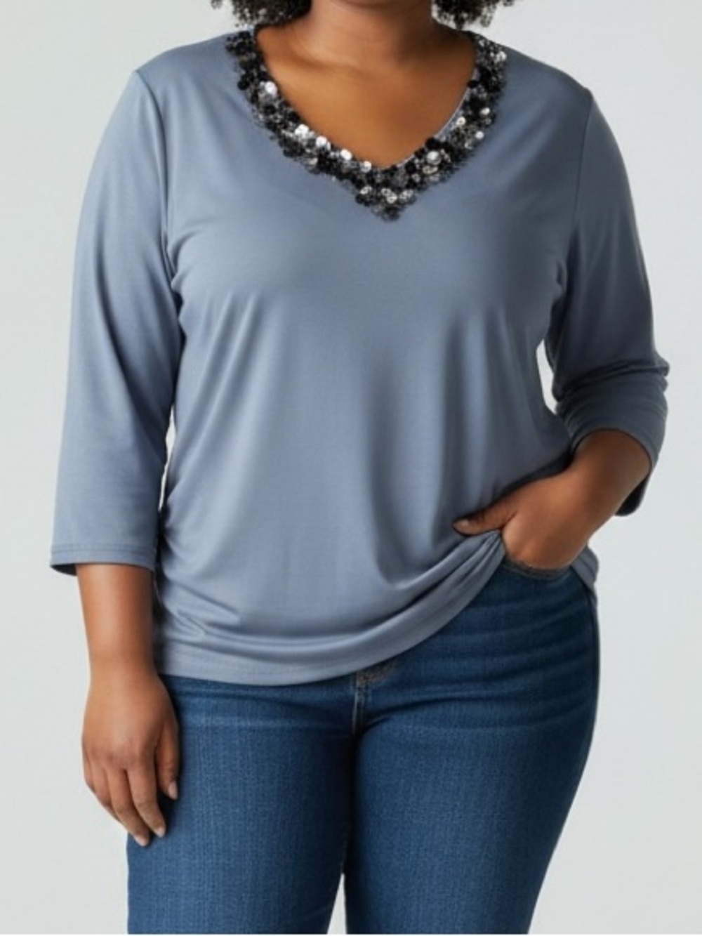 Bob Mackie Size XL Slate Blue Embellished Top